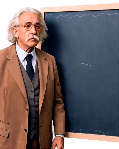 Albert Einstein, old man, white hair, mustache, glasses, wrinkled face, brown suit, white shirt, black tie, holding chalk, standing in front of blackboard, intense thinking expression, soft lighting, 