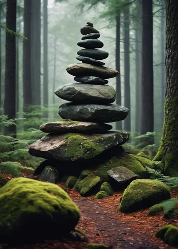 Create a mysterious atmosphere around a rock cairn in a deep forest. Describe the ancient legends that surround it.,stacking stones,stack of stones,stacked rocks,stacked rock,balanced boulder,stacked 