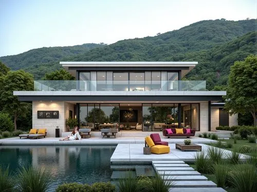 Panoramic views, rolling hills, lush greenery, serene lakeside, modern international style architecture, sleek glass facades, minimalist design, clean lines, neutral color palette, natural stone walls