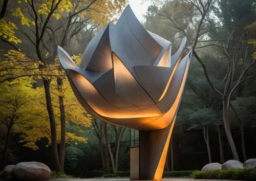 CREATE PHOTO REALISTIC ULTRA DETAIL LIGHING AND CLOTTH  SCULPTURES, GHOST LIGHT, ROAD AND GRADEN ON FRONT, STONE,MARBLE,a light sculpture is in front of a building,steel sculpture,naum,foscarini,garde