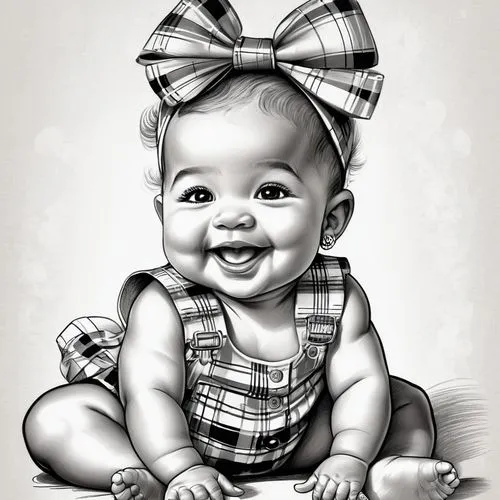 A black and white drawing of a joyful baby girl with an expressive, beaming smile and sparkling eyes that convey innocence and happiness. She wears a large plaid bow on her head, has small earrings, a