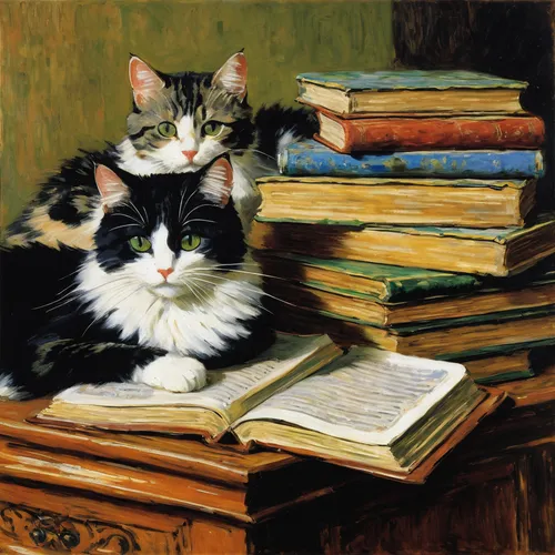 vintage cats,calico cat,cat portrait,two cats,readers,cats playing,children studying,cat image,cattles,cat resting,cat european,american curl,felines,old books,still-life,lecture,oil painting,reading,child with a book,cat frame,Art,Artistic Painting,Artistic Painting 04