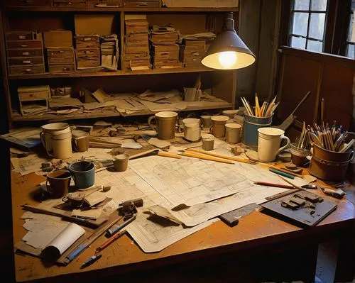 workbench,worktable,bookbinders,bookbinding,scriptorium,silversmithing,work table,metalsmithing,atelier,craftspeople,bookmaking,leatherwork,cabinetmaker,sewing room,stationers,ceramicist,art tools,conservators,boatbuilding,handcrafting,Illustration,Retro,Retro 07