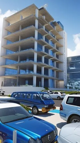 several cars and a bus are parked outside a building,multi storey car park,3d rendering,residencial,car showroom,parking lot under construction,car dealership,leases,renderings,parking system,carports