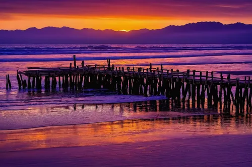 Capture the beauty of the sunset reflecting off the old jetty's weathered wood.,wooden pier,vancouver island,old pier,burned pier,tofino,tasmania,new zealand,puerto natales,south island,fishing pier,o