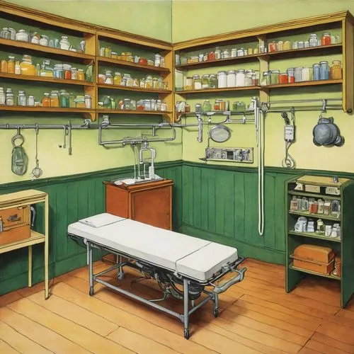 doctor's room,pharmacy,examination room,treatment room,apothecary,surgery room,laboratory,laboratory equipment,consulting room,sewing room,medical illustration,operating room,kitchen shop,chemical laboratory,pantry,sci fi surgery room,clinic,therapy room,kitchen,kitchen cart,Illustration,Realistic Fantasy,Realistic Fantasy 31