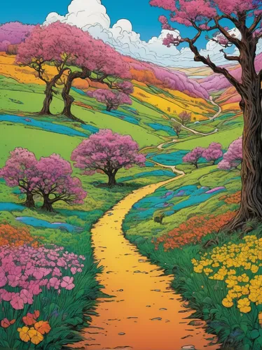 blooming field,the valley of flowers,sakura trees,meadow in pastel,springtime background,flower field,sakura tree,japanese sakura background,spring background,japan landscape,flowerful desert,purple landscape,field of flowers,spring in japan,blooming trees,pathway,landscape background,colored pencil background,nature landscape,colors of spring,Illustration,American Style,American Style 03