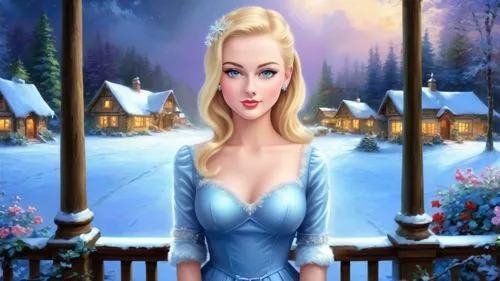 Romantic masterpiece oil painting, cute girl portrait, nostalgic 1950's style kitsch, breathtaking beautiful winter kingdom landscape, majestic fantasy scenery, evening lighting, highly detailed highr