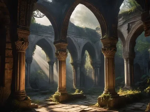 archways,ruins,rivendell,pillars,hall of the fallen,ancient city,cloisters,labyrinthian,cloistered,monastery,crypts,fantasy landscape,ancient ruins,sanctuary,seregil,mausoleum ruins,ancient buildings,arches,archs,ruin,Photography,Artistic Photography,Artistic Photography 15