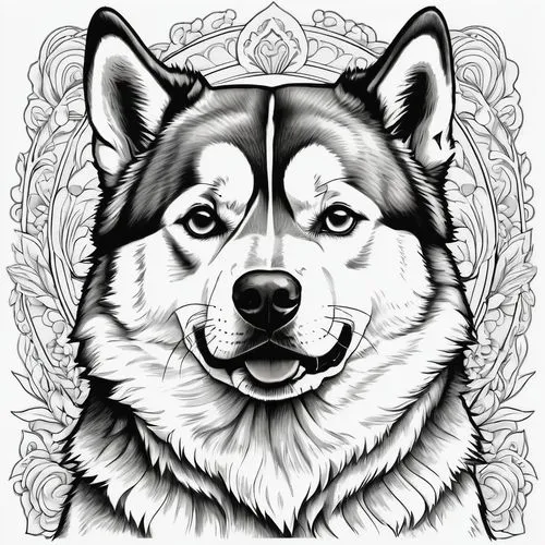 dog line art,coloring page,dog illustration,telegram icon,samoyedic,canidae,Illustration,Black and White,Black and White 23