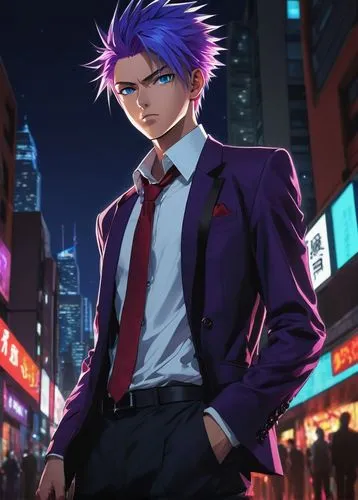 Anime boy, purple spiky hair, bright blue eyes, sharp facial features, slender build, white shirt with open collar, black tie, red blazer, formal pants, black dress shoes, standing, confident pose, ur