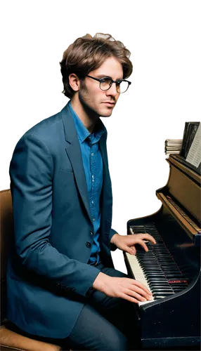 Creepy music composer, solo, (30yo), messy hair, thick beard, glasses, dim lighting, mysterious atmosphere, old piano, worn-out chair, vinyl records, headphones, laptop, music notes scattered around, 