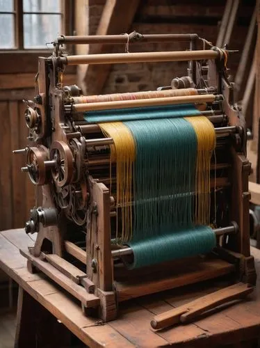 Modern weaver, intricate machinery, wooden structure, ornate details, vintage vibe, rustic atmosphere, old workshop, natural light pouring in, warm colors, soft focus, shallow depth of field, 3/4 comp