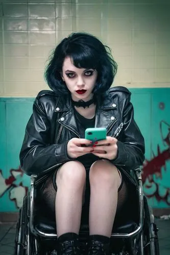 Creepy girl, solo, (18yo), pale skin, dark circles under eyes, messy black hair, bold eyeliner, red lipstick, ripped fishnet stockings, black leather jacket, torn denim shorts, chunky combat boots, ho