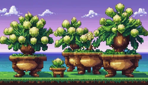 mushroom island,mushroom landscape,potted plants,fruit trees,apple trees,magnolia trees,potted tree,palma trees,floating islands,small plants,banana trees,trees,fruit tree,acorns,tree grove,wine-growing area,saplings,little plants,small tree,druid grove,Unique,Pixel,Pixel 01