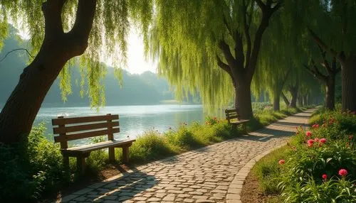 weeping willow,park bench,walk in a park,daecheong lake,tree lined path,suzhou,west lake,landscape background,towpath,wooden bench,garden bench,walkway,bench,giverny,pathway,green landscape,river landscape,beautiful landscape,benches,tranquility,Photography,General,Realistic