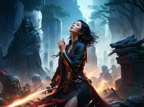 Dynamic action scene in a modern graveyard. A beautiful tall young asian woman with straight black hair and fancy court robes holds a katana and is blocking an attack from an ancient male lich with a 