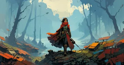 an illustration of a woman holding a sword standing on a cliff in the woods,the wanderer,garrison,red riding hood,mononoke,pyre,rincewind,Conceptual Art,Sci-Fi,Sci-Fi 01