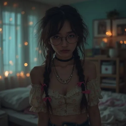 choker,chokers,pigtail,fairy lights,pigtails,emiko