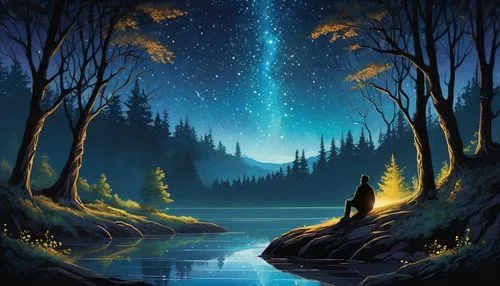 landscape background,forest background,night stars,starry night,fantasy landscape,night scene,starry sky,forest of dreams,fantasy picture,forest landscape,moon and star background,world digital painting,falling stars,the night sky,fireflies,enchanted forest,star wood,nightscape,the night of kupala,cartoon video game background,Conceptual Art,Daily,Daily 24