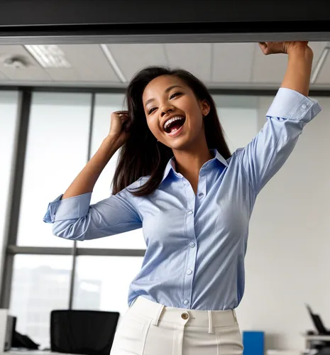 Standing, dancing and laughing on the desk in the office.  Photo from below.  She wears a blue button down shirt, white bottoms and high heels.,blur office background,sprint woman,bussiness woman,enth