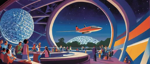 epcot spaceship earth,epcot center,epcot ball,starship,futuristic landscape,space tourism,musical dome,sci fiction illustration,spacecraft,flying saucer,spaceship space,planetarium,ufo interior,space ships,space voyage,stargate,teacups,space ship,space port,science fiction,Illustration,American Style,American Style 09