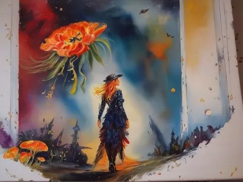 flower painting,girl picking flowers,way of the roses,girl in flowers,boho art,falling flowers,rosa ' amber cover,khokhloma painting,art painting,oil painting on canvas,orange roses,glass painting,flower art,fabric painting,orange rose,oil painting,alice in wonderland,cosmic flower,painting work,flowers celestial,Illustration,Paper based,Paper Based 04