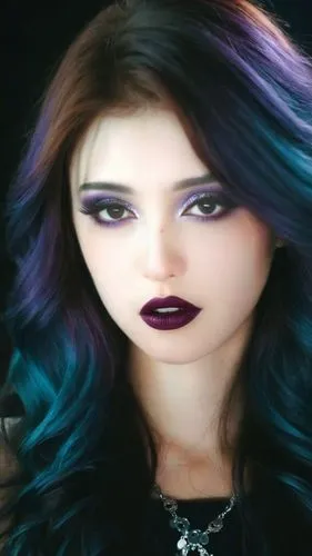 涂深色口红
,a woman with blue and purple hair wearing lipstick,goth woman,karou,dark purple,taleyarkhan,kimberlee,goth like