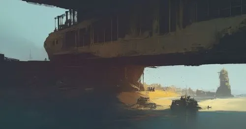 water floating on top of a lake next to a bridge,ship wreck,freighter,the wreck of the ship,harbor,rusty stuff,midwater,cosmodrome,sunken ship,docks,outpost,a cargo ship,shipwrecks,shipyards,environme