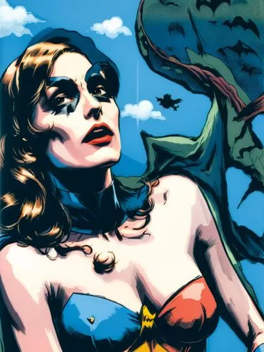 Create a comic story of in the style of the old German Batman magazines, as if it had been drawn and printed by Roy Lichtenstein.,a woman in blue and red is in the air,siryn,barda,flamebird,hawkgirl,a