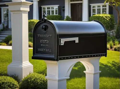 Home Depot, architectural mailbox, modern suburban house, white pillars, green lawn, sunny afternoon, clear blue sky, few puffy clouds, detailed texture on mailbox, metallic sheen, bold font address n