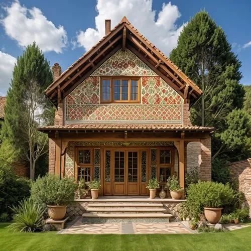 there is a nice house with a large front porch and a decorative window,wooden house,traditional house,persian architecture,victorian house,russian folk style,garden elevation,country house,ziarat,exte