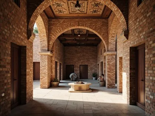 Rustic brick buildings, ornate stone carvings, textured mortar joints, earthy color palette, traditional craftsmanship, distressed finishes, aged patina, grand archways, columned entrances, ornamental