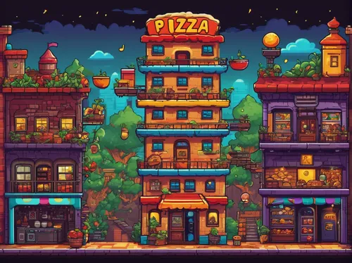 pizzeria,tavern,colorful city,wine tavern,aurora village,a restaurant,restaurants,apartment house,pizza service,bazaar,pizza hawaii,winter village,restaurant,pizza supplier,bistro,pixel art,resort town,mixed-use,christmas town,brick oven pizza,Illustration,Black and White,Black and White 14