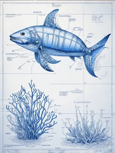 Imagine an artwork that embodies the creative spirit of underwater life.,coelacanth,cetacea,illustration,blue stripe fish,shoal,marine diversity,atlantoxerus getulus,atlantic bluefin tuna,anas platyrh