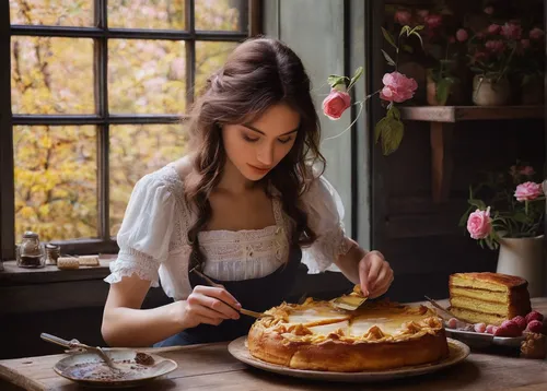 woman holding pie,tarte tatin,girl in the kitchen,zwiebelkuchen,viennese cuisine,streuselkuchen,reibekuchen,girl with bread-and-butter,pâtisserie,butter pie,pommes anna,queen of puddings,dutch baby pancake,apple tart,eieerkuchen,galette des rois,pastry chef,tarte flambée,bavarian cream,pastiera,Illustration,Abstract Fantasy,Abstract Fantasy 14