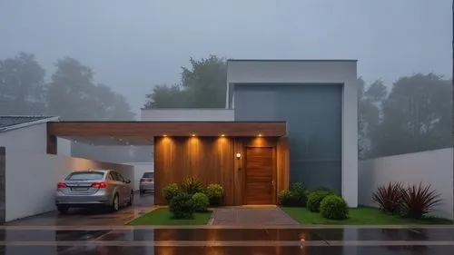 put a beauty wood door in front of the building, turn on the lights,modern house,mid century house,eichler,modern architecture,cubic house,weatherboard,weatherboarding,weatherboards,residential house,