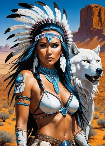 woman grey head  in a desert. Her eyes are filled with intense focus as she strolls with her loyal beauty of a white werewolf ,  capturing the world of reality and technology. This transformation is c