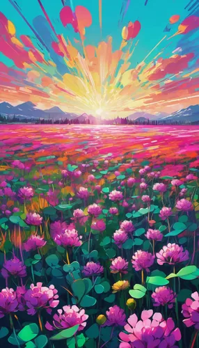 Write a description of the vibrant trifolium field in the morning sunlight.,blooming field,flower field,field of flowers,sea of flowers,blanket of flowers,cosmos field,flowers field,flower painting,芦ﾉ