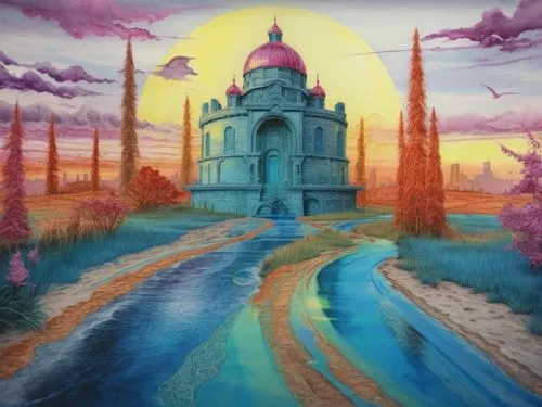 an artistic painting of a large structure with water and sky,fantasy landscape,fantasy picture,castle of the corvin,fairy tale castle,fantasy art,citadels,Illustration,Realistic Fantasy,Realistic Fant