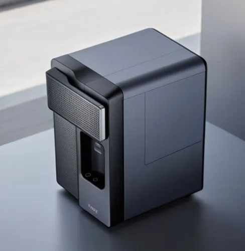 一款饮水机，高端的银灰色质感,a desktop computer sitting on top of a table,monochromator,cube surface,optical drive,floppy disc,microdrives,isolated product image,Photography,General,Natural