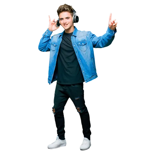 DJ, beat drop, music download, headphone, solo, (25yo), cool detailed eyes, stylish hair, casual wear, denim jacket, black t-shirt, ripped jeans, sneakers, hands holding headphones, energetic pose, dy