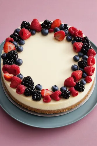 Describe a mouthwatering cheesecake covered in fresh berries.,cream cheese cake,quark tart,fruit pie,cheese cake,cheesecake,pavlova,torte,cassata,tres leches cake,reibekuchen,blackberry pie,currant ca