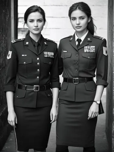 Black and white high resolution photography: The female soldiers walk side by side and appear relaxed, despite being in a military environment. They exchange warm smiles, showing their close friendshi