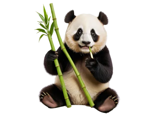 Cute panda, white fur, black ears, round face, big eyes, sweet smile, sitting, holding bamboo stick, green bamboo leaves, natural texture, soft focus, warm lighting, shallow depth of field, pastel col