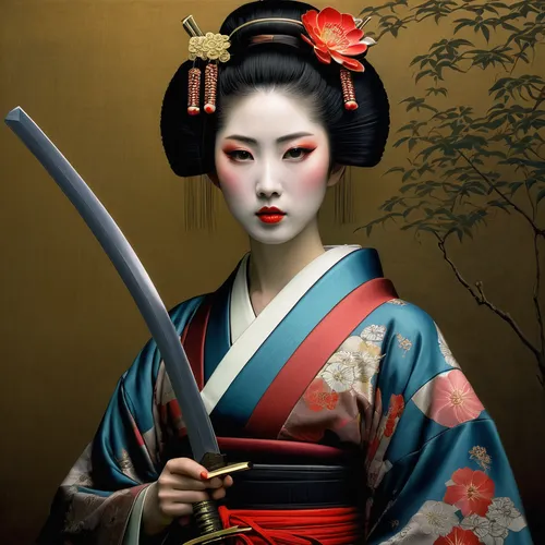 geisha girl,geisha,japanese art,katana,japanese woman,beautiful girls with katana,samurai,japanese culture,oriental princess,oriental girl,samurai fighter,japanese style,oriental painting,the japanese doll,chinese art,samurai sword,motsunabe,japanese,shinto,japanese doll,Illustration,Realistic Fantasy,Realistic Fantasy 08