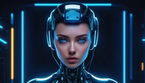 AI Profile Generator, futuristic interface, holographic display, neon lights, metallic structure, sleek lines, modern fonts, 3D avatar, customizable facial features, robotic arms, glowing blue eyes, a