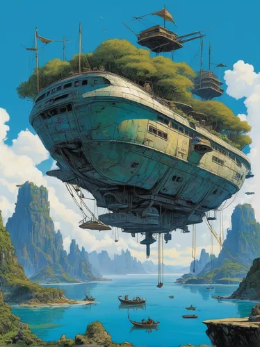 futuristic landscape,airships,floating islands,artificial island,floating island,airship,air ship,scifi,artificial islands,flying island,alien ship,island suspended,valerian,sci - fi,sci-fi,sci fiction illustration,colony,ufo,tank ship,gas planet,Illustration,Realistic Fantasy,Realistic Fantasy 06