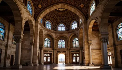 Intricate stone carvings, ornate domes, grand archways, vibrant stained glass windows, majestic minarets, sacred symbols, intricate mosaics, golden accents, solemn atmosphere, natural light filtering,