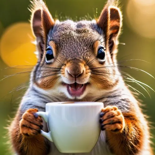 Ultra Macro photography of an adorable smiling squirrel,drinking coffee, intricately detailed, bokeh background, Alan Shapiro and Jamie Price, macro photography,kopi luwak,hungry chipmunk,relaxed squi